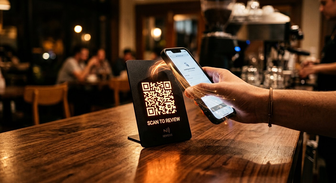 NFC-Bewertungsschild auf einem Tresen
