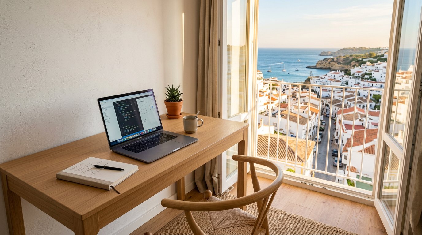 Posto de trabalho com vista sobre uma vila do Algarve
